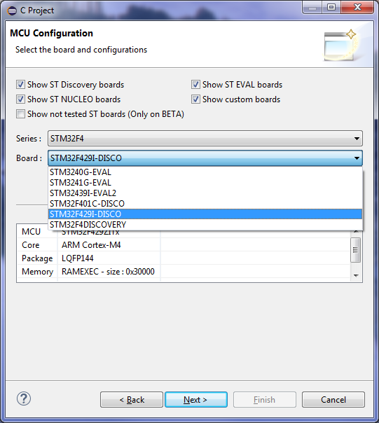 MCU Configuration screen